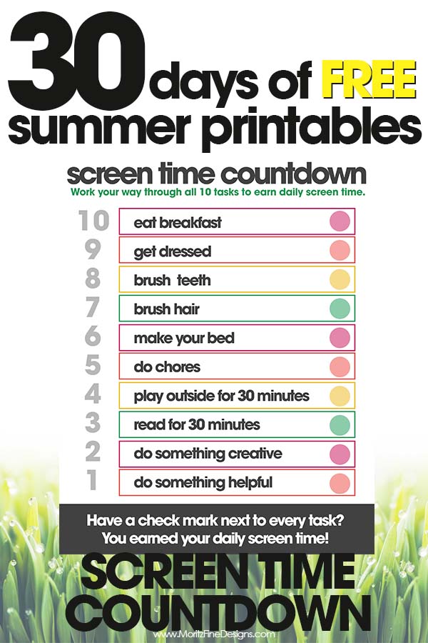 screen time countdown free printable for kids free printable days of the week chart