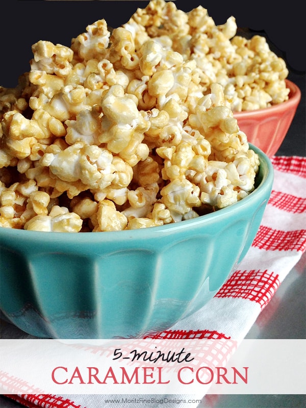 This 5-minute Caramel Corn is a quick and easy snack to make for the kids or for a movie night! Throw in some peanuts and you have homemake Cracker Jack!