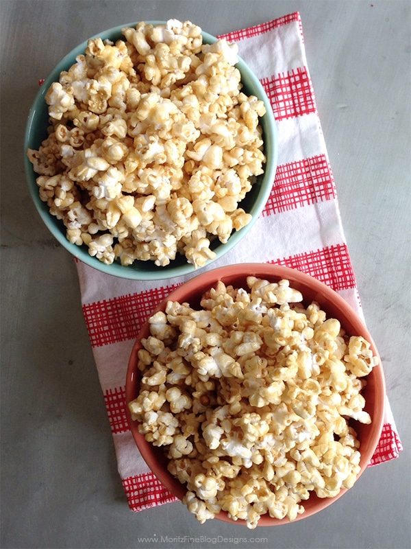 This 5-minute Caramel Corn is a quick and easy snack to make for the kids or for a movie night! Throw in some peanuts and you have homemake Cracker Jack!