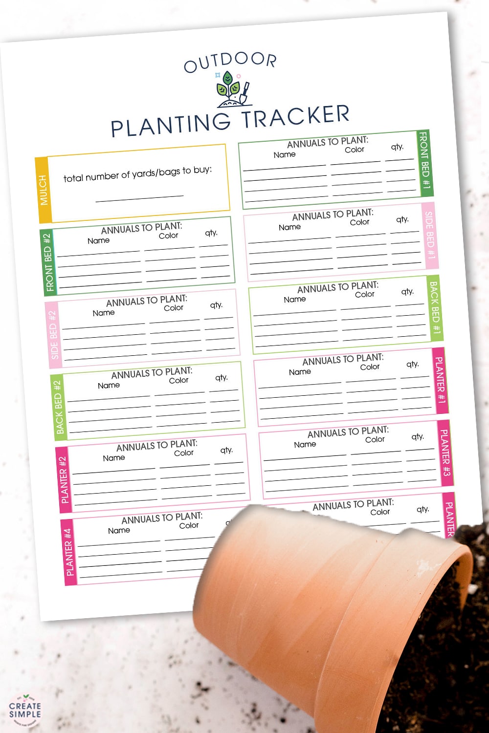Use this Outdoor Planting Tracker to remember from year to year how many plants and how much mulch to buy from year to year for your flower beds and garden.