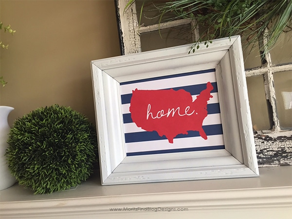 A quick, simple way to decorate your house this year is to use this U.S. Home 4th of July Printable. Print and hang of use it on your holiday buffet table.