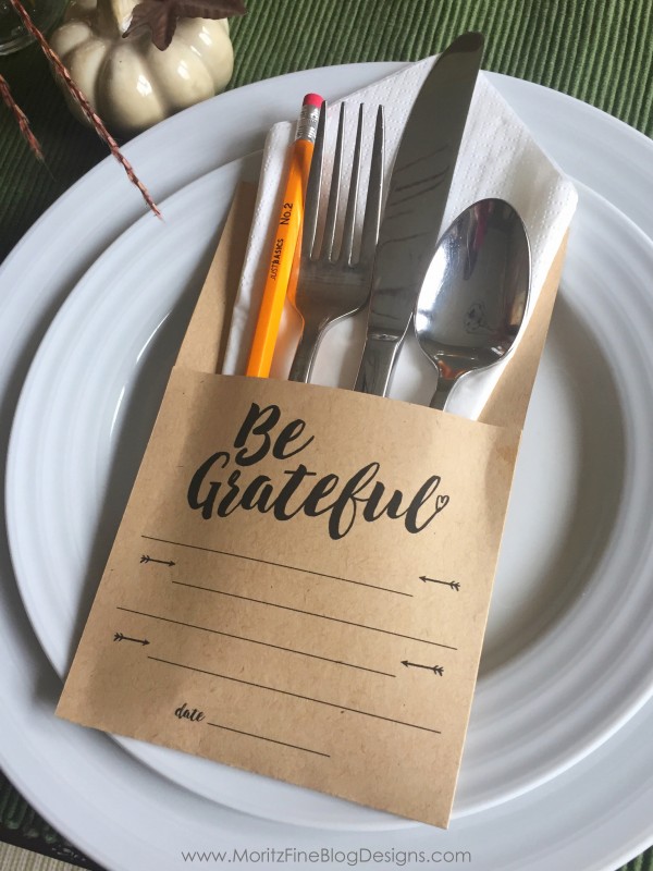 This Thanksgiving Utensil Holder has a 2-fold purpose: to hold the silverware and to give guests a way to have a dated record of their list of gratefulness.