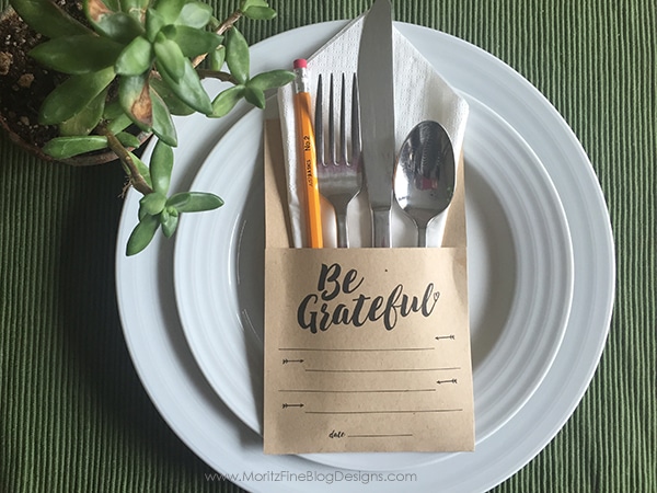 This Thanksgiving Utensil Holder has a 2-fold purpose: to hold the silverware and to give guests a way to have a dated record of their list of gratefulness.