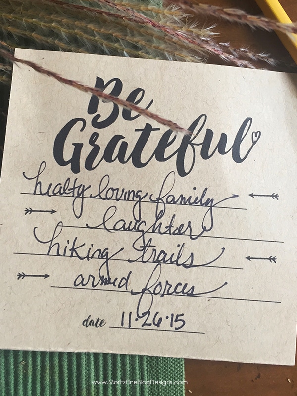 This Thanksgiving Utensil Holder has a 2-fold purpose: to hold the silverware and to give guests a way to have a dated record of their list of gratefulness.