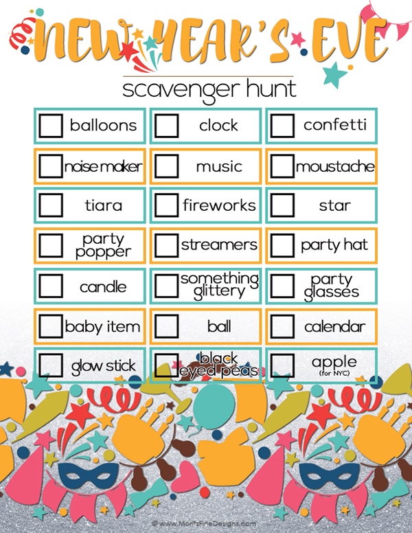 Looking for an activity to keep the kids busy during your New Year's Eve activities? Use this free printable New Year's Eve Scavenger Hunt for Kids!