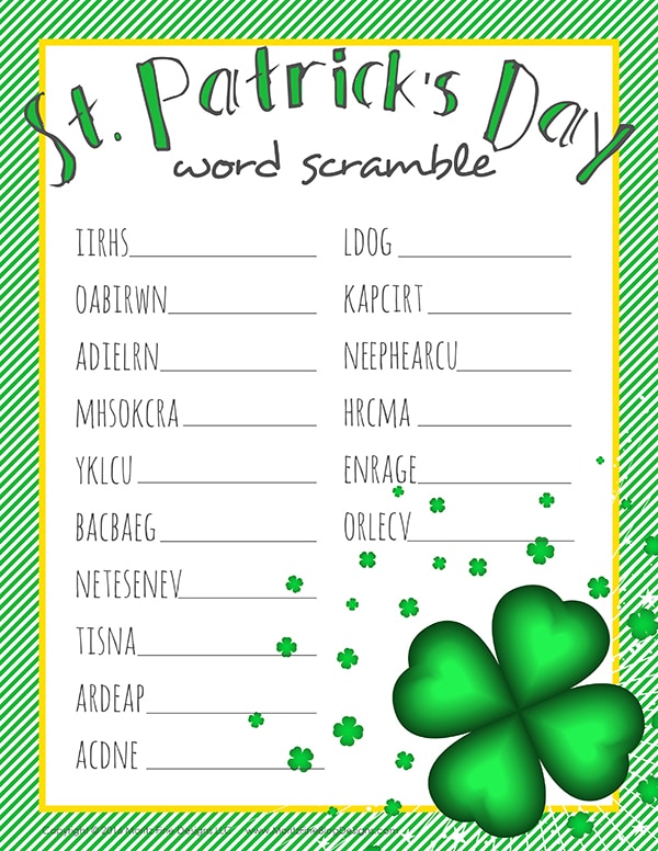 Kids will have so much fun trying to unscramble the words in this free printable St. Patrick's Day Word Scramble!