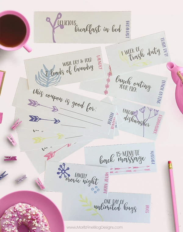 This Mother's Day Coupon Book is easy to print out, cut apart (perfect job for the kids) and deliver on Mother's day. There are even 4 customizable coupons!