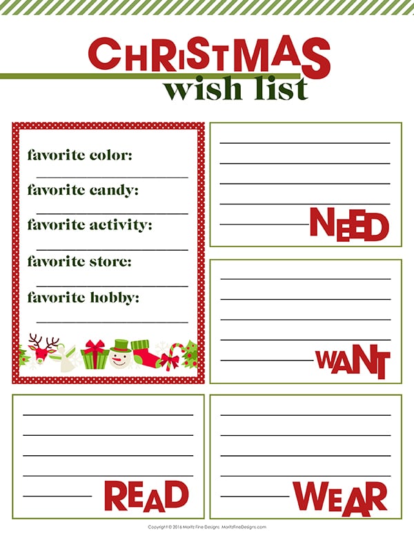 Kids & Adults can create their Christmas Wish List with this free printable. Gather all ideas on one list to share with friends and family.