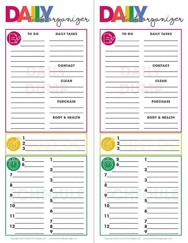 Use the free printable Daily Task Organizer to help you be more focused & get more done in less time. Just a few minutes planning daily will equal success.