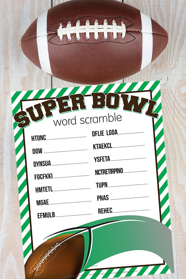 The free printable Super Bowl Word Scramble is a fun football activity for kids to do before or during the big game or party.