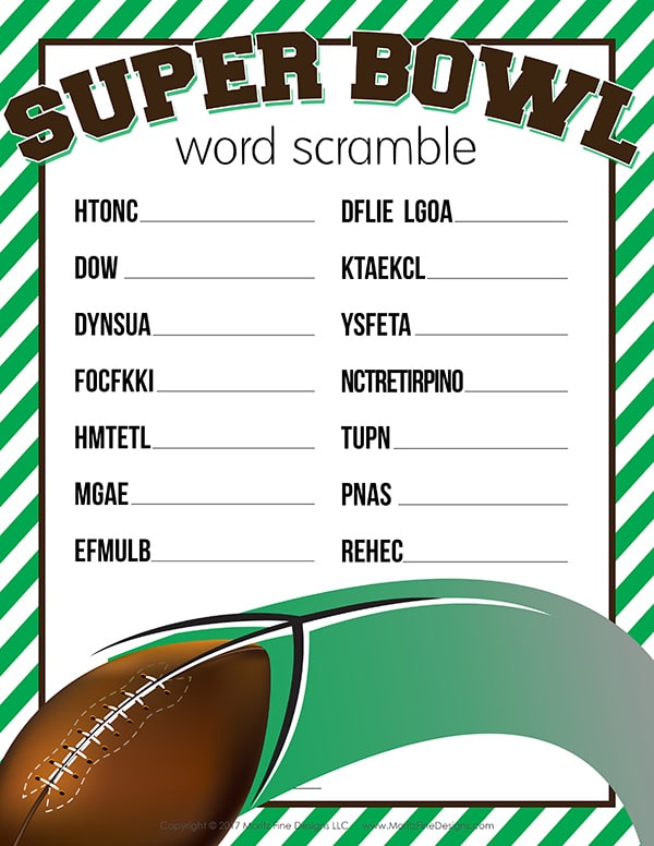 The free printable Super Bowl Word Scramble is a fun football activity for kids to do before or during the big game or party.