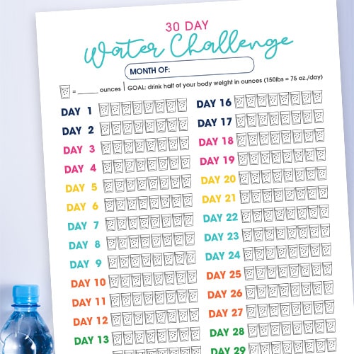 Make sure you are drinking enough water every day! Use the free printable Water Tracker and 30 Day Challenge to get started now!