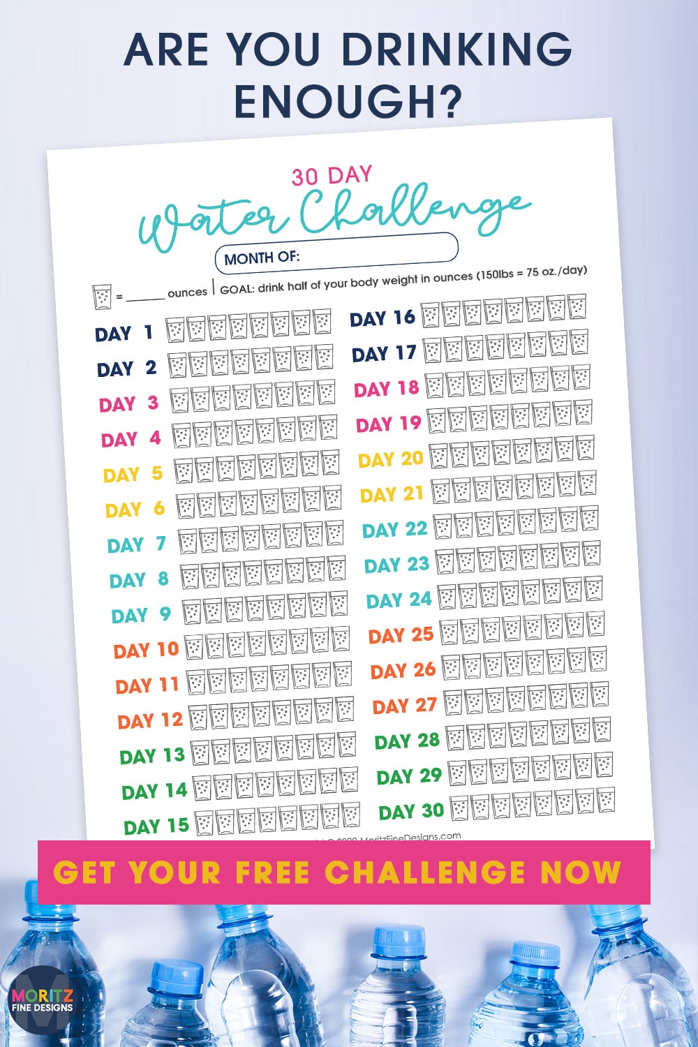 Make sure you are drinking enough water every day! Use the free printable Water Tracker and 30 Day Challenge to get started now!