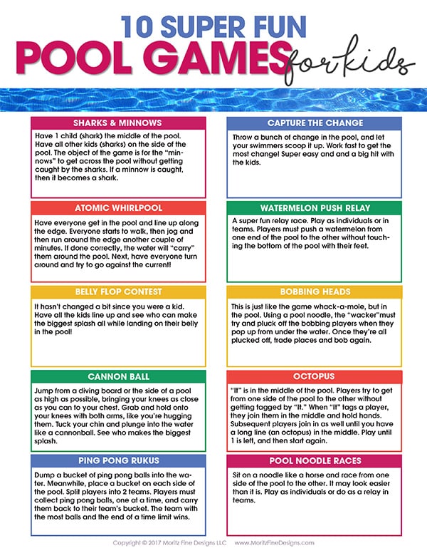 pool games for kids | summer fun | free printable | swimming pool activities