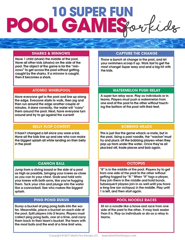 pool games for kids | summer fun | free printable | swimming pool activities