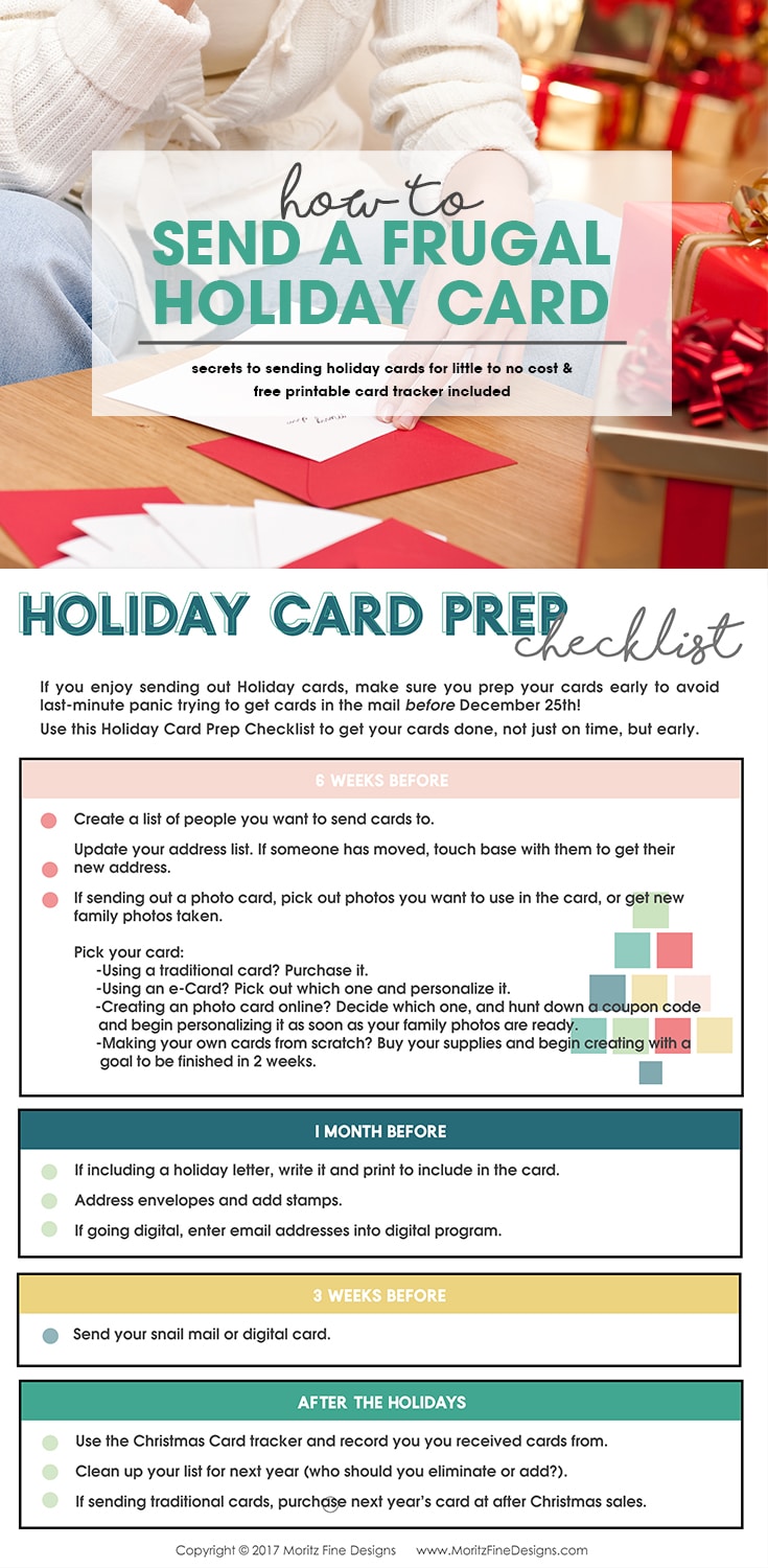 Learn How to Send a Frugal Holiday Card with this Step-by-step guide to sending holiday cards. Includes a free Printable Holiday Card Checklist. #frugalchristmascard #holidaycard #cheapholidaycards #freeprintable