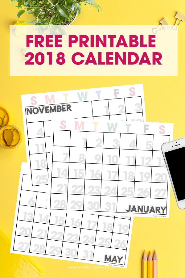 Free Printable 2018 Calendar | Get organized | Monthly Printable Calendar | ink friendly with large numbers and completely editable