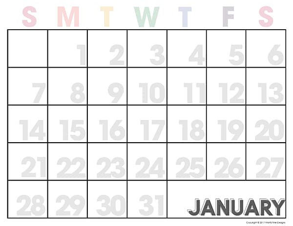 Free Printable 2018 Calendar | Get organized | Monthly Printable Calendar | ink friendly with large numbers and completely editable