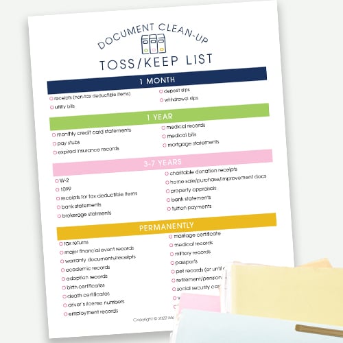 5 Simple Steps to organize your paper clutter with a free Document Clean-Up Toss & Keep List