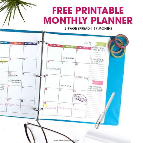 Free Printable Monthly Planner Calendar | 2018 | 2-Page spread includes 17 months