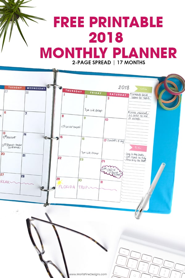 Free Printable Monthly Planner Calendar | 2018 | 2-Page spread includes 17 months