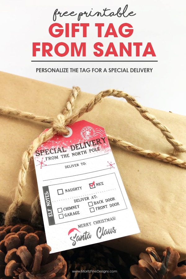 Add this free printable Santa gift tag to your kid's gift from Santa! The customizable tag shows the Christmas gift got delivered from the North Pole.