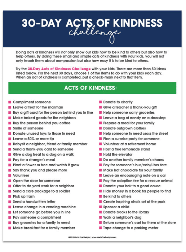 30-Day Acts of Kindness Challenge | Free Printable Challenge List