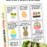 Free printable Easter Lunch Box Jokes for Kids on white background with a lunch with a bunny sandwich and chicken hard boiled egg.