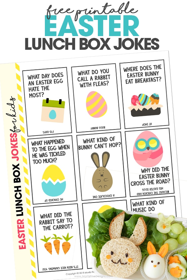 Free printable Easter Lunch Box Jokes for Kids on white background with a lunch with a bunny sandwich and chicken hard boiled egg.