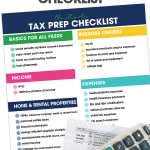 Printable Tax Prep Checklist on white background with a calculator, pencils and 1040 form.