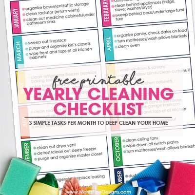 Super Simple Yearly Cleaning Checklist free to download and print. Tackle only 3 manageable deep cleaning tasks every month.