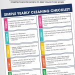 Free Printable Yearly Cleaning Checklist on white background with cleaning utensils and bottles.