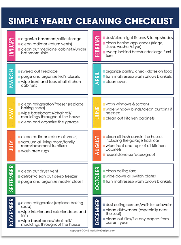 Super Simple Yearly Cleaning Checklist free to download and print. Tackle only 3 manageable deep cleaning tasks every month.