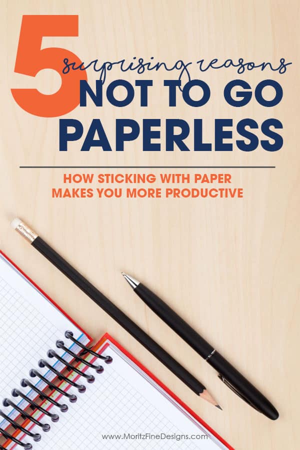 Surprisingly there many reasons not to go paperless. While Digital may seem like a great option, when you stick with paper you will find yourself much more productive. Notebook, pen and pencil on wood desk.