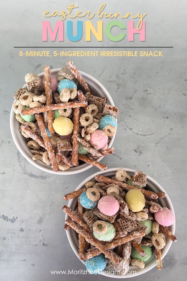With only 5 ingredients and less than 5 minutes you can whip up this Easter Snack Mix, aka Bunny Munch!! It's a super easy treat for both kids and adults!