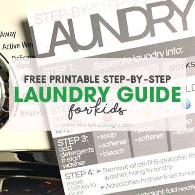 Help teach your kids how to do laundry with this free printable simple step-by-step laundry guide. Hang in it your laundry room for easy reference.