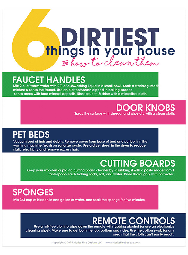 Find out what the top 6 Dirtiest Things in Your House (that you probably didn't realize were so dirty!) and find out how to clean them. Free printable included.