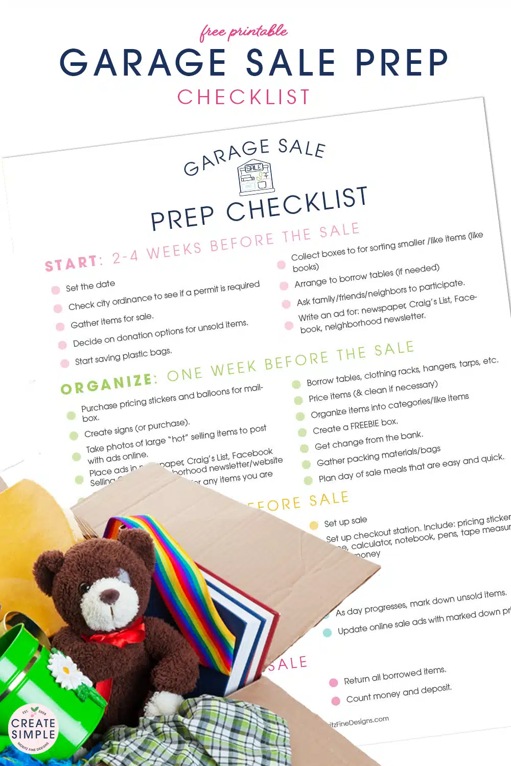 If you’re thinking about hosting a garage sale, using a free printable Garage Sale Prep Checklist will help you put on the most successful garage sale ever.