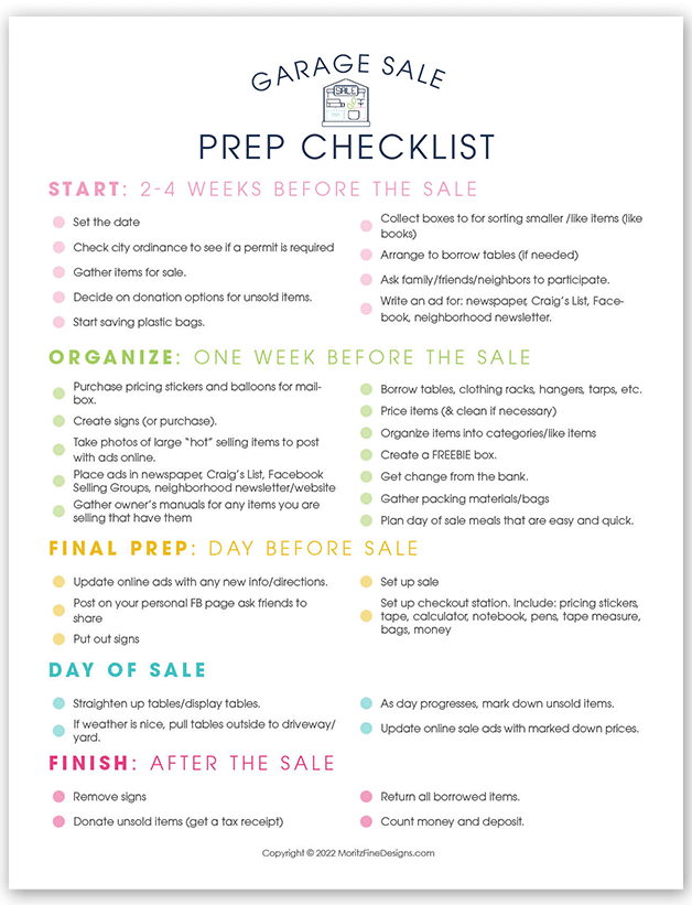 If you’re thinking about hosting a garage sale, using a free printable Garage Sale Prep Checklist will help you put on the most successful garage sale ever.