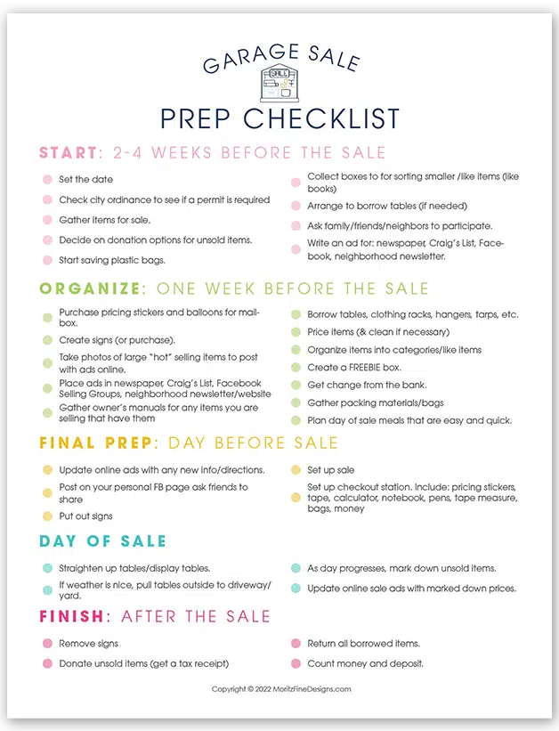 If you’re thinking about hosting a garage sale, using a free printable Garage Sale Prep Checklist will help you put on the most successful garage sale ever.