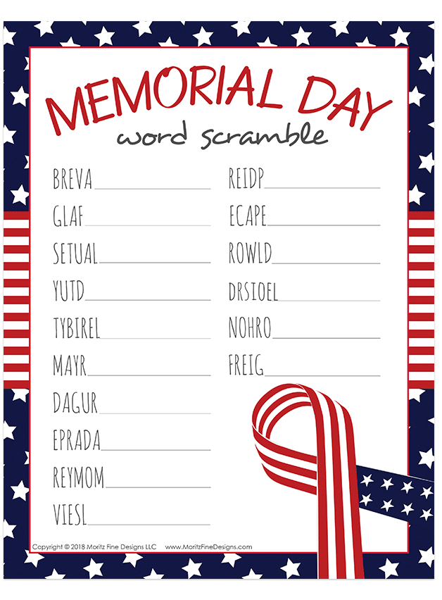 Celebrate Memorial Day with the kids by doing this Memorial Day Word Scramble. It's the perfect way to ponder all of the important topics related to this holiday.