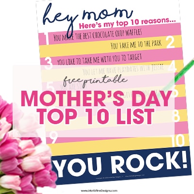 Tell mom just how awesome she is! Grab this free printable Mother's Day Printable of the Top 10 Reasons Mom Rocks to have the kids fill out and give with their gift to mom!