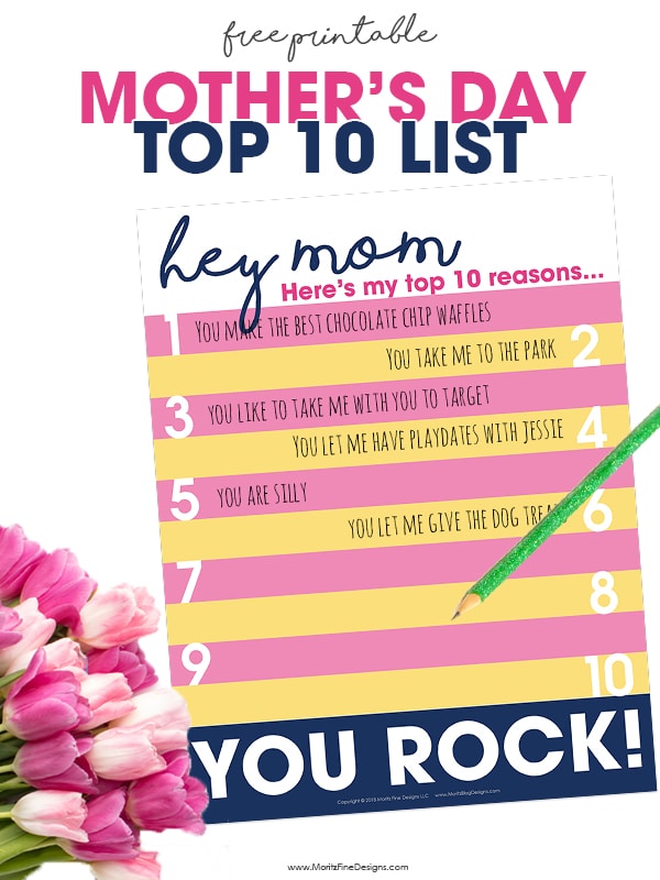 Grab this free Mother's Day Printable of the Top 10 Reasons Mom Rocks Tell mom just how awesome she is to tell mom just how awesome she is! Have the kids fill it out and give with their gift to mom!