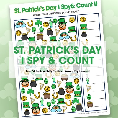 Kids will have a blast with this fun free printable St. Patrick's Day I Spy Activity. It's the perfect game for in the car, at a party or at school or home!