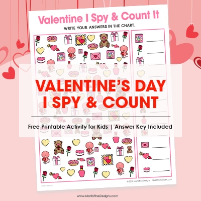 Kids will have a blast with this fun free printable Valentine's Day I Spy Activity. It's the perfect game for in the car, at a party or at school or home!