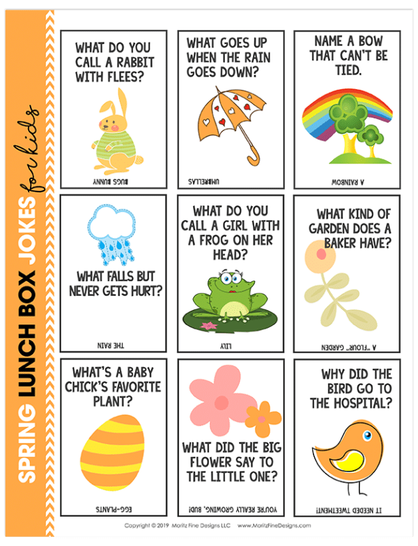 Give your kids a big laugh at lunch time by putting Spring Lunch Box Jokes in their lunch! These free printable jokes for kids are fun for kids of all ages!