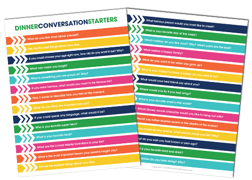 Get your kids talking during dinnertime with these free printable Family Dinner Conversation Starters, full of fun & engaging questions your kids will love.