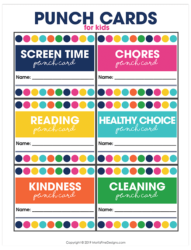 Get your kids motivated to do chores, make healthy choices, earn their screen time and more by using these free printable Punch Cards for Kids.