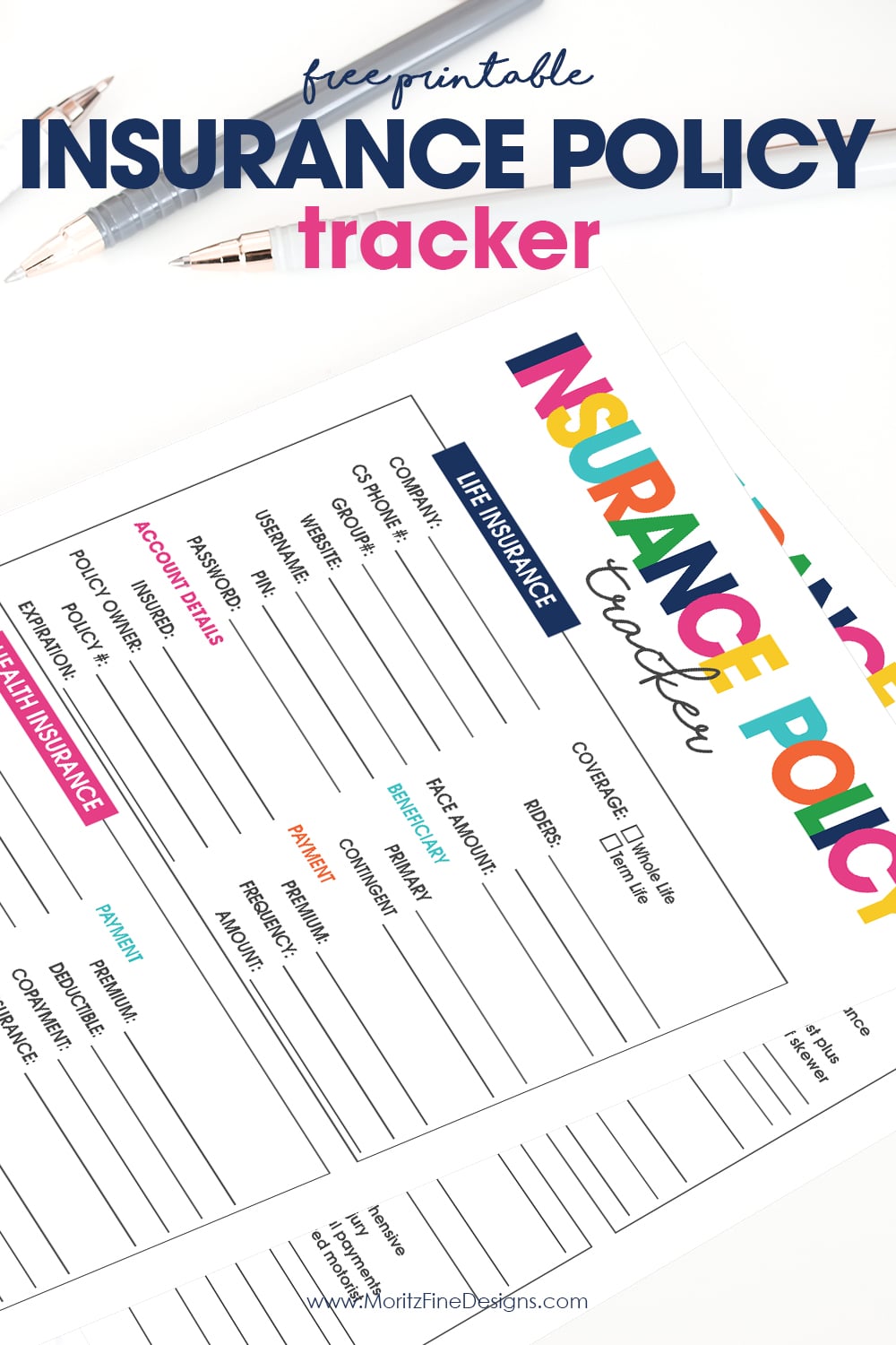 Use the free printable Insurance Policy Tracker to help keep everything you need to know about all your insurance polices it all at your fingertips!
