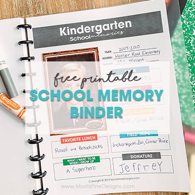 Keep track of your kid's favorite things about each school year with this free printable School Memory Binder for grades Pre-School through Grade 12.